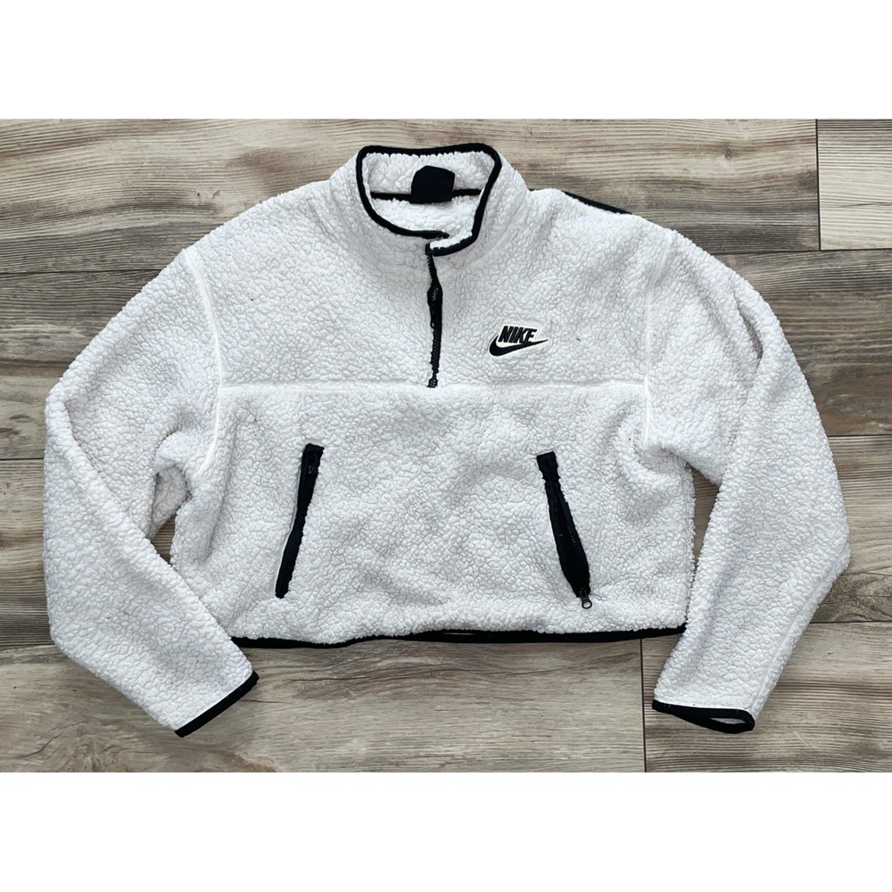 Nike Sportswear Sherpa Fleece Pullover Womens M White Half Zip Crop Gym